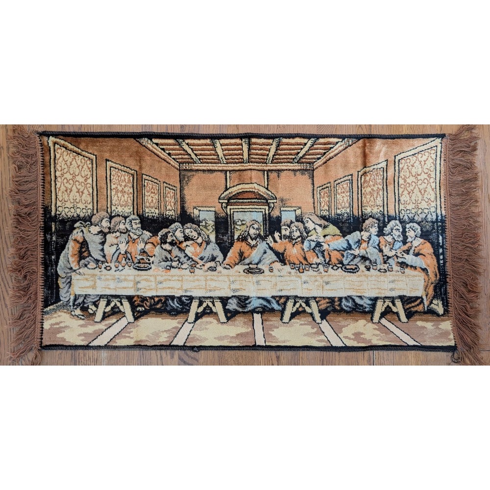 Vintage Last Supper Woven Tapestry Wall Hanging Fringe Religious‎ Decor Brown
